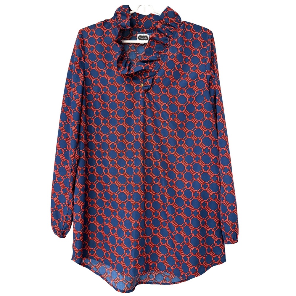 Mud Pie Navy Red Chain Print Ruffle Neck Long Sleeve Tunic Top Womens M